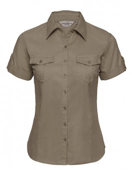 Ladies` Roll Short Sleeve Fitted Twill Shirt